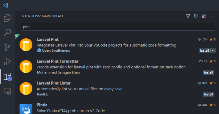 A screenshot of the VsCode extensions tab showing Laravel Pint