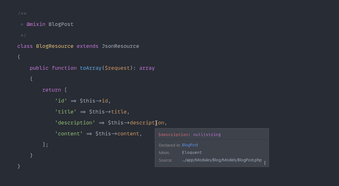 A screenshot of the PhpStorm IDE showing Laravel resource auto-completion