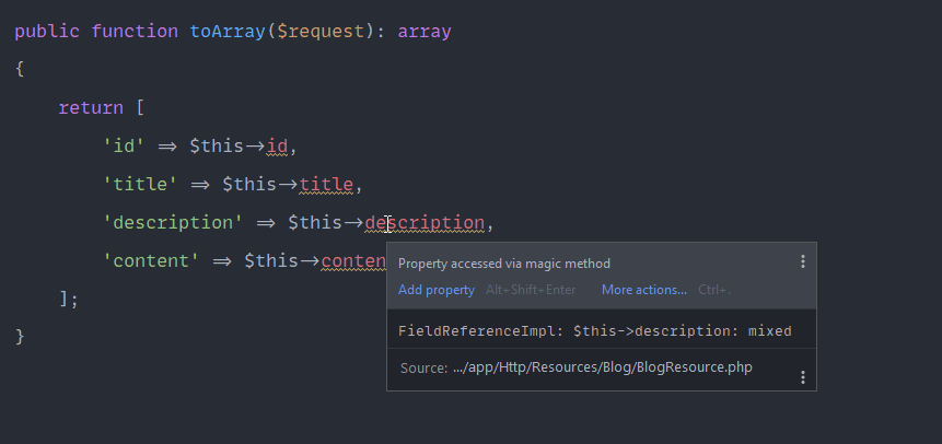 A screenshot of a PhpStorm file showing a magic method error