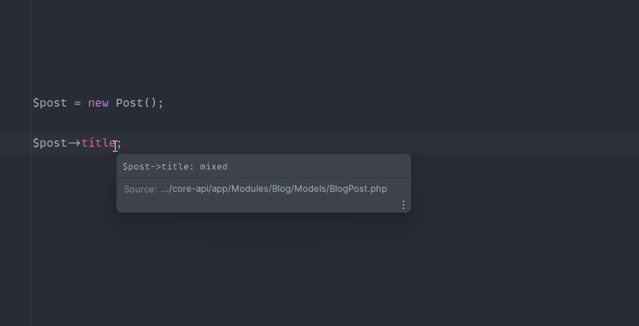 A screenshot of a PhpStorm window, unable to pick up types