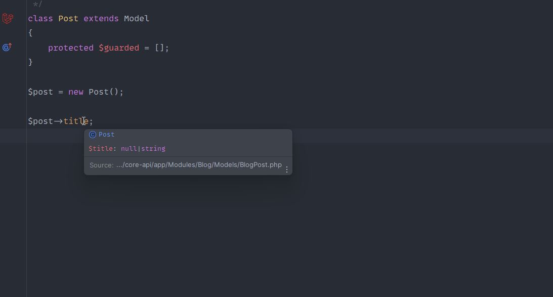 A screenshot of a PhpStorm window, now able to determine model property types