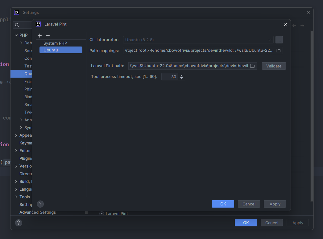 A screenshot of PhpStorms quality tool system settings